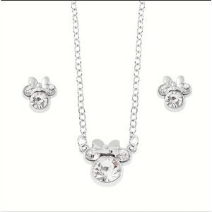 Silver Rhinestone Mickey Minnie Necklace Earrings Matching Set